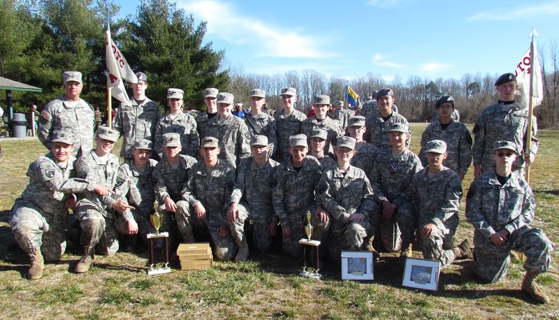 Sussex Tech JROTC cadets show off their awards after competing at the Dover Air Force JROTC Invitational Raider Challenge. Shown in back (l-r) are Maj. Ben Jester, Luke Riale, Georgetown; Kaycee Bean, Laurel; Tucker Strickroth, Seaford; Joe Hartman, Bridgeville; Brad Gordon, Milton; Ivy Colburn, Delmar; Emily Tirado, Frankford; Vincent Gao, Seaford; Ashe Hebrank-Ekas, Rehoboth; and John Molitor, Milford. In front are Matt Zwiebel, Millsboro; Andrew Hartman, Bridgeville; Bobby Christensen, Harbeson; Tyler Wood, Laurel; Andrew Atkins, Millsboro; Cole Cook, Bridgeville; Connor Satchell, Seaford; Anthony Huling, Georgetown; Sabrina Julian, Milton; Colin Hearn, Laurel; Dylan Varrato, Georgetown, who won the Outstanding Physical Fitness Award; Jerry Legates, Georgetown; and Michael Ross, Lewes. SOURCE SUBMITTED